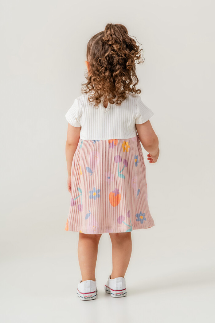 Kız Bebek Düğme Detaylı Desenli Elbise 6-24 Ay Pudra 015-3