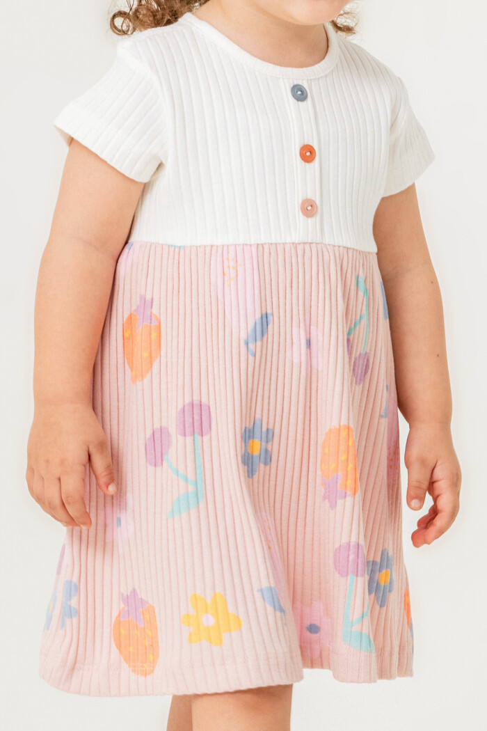 Kız Bebek Düğme Detaylı Desenli Elbise 6-24 Ay Pudra 015-3