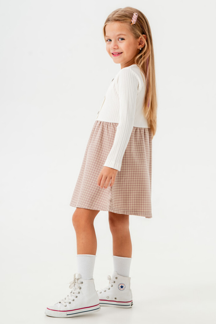 Kız Bebek Gül Kurusu Ekose Düğme Detaylı 1-5 Yaş Elbise - 3706-1