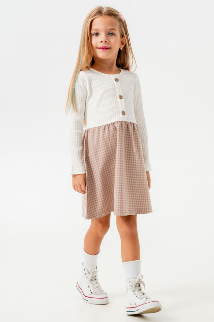 Kız Bebek Gül Kurusu Ekose Düğme Detaylı 1-5 Yaş Elbise - 3706-1