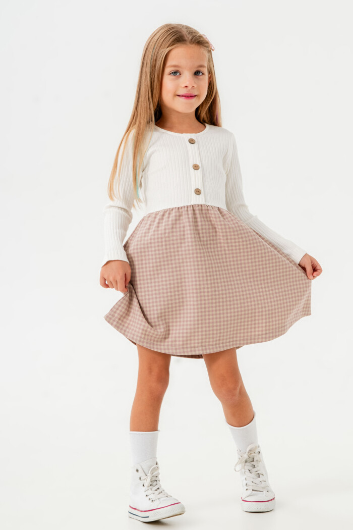 Kız Bebek Gül Kurusu Ekose Düğme Detaylı 1-5 Yaş Elbise - 3706-1