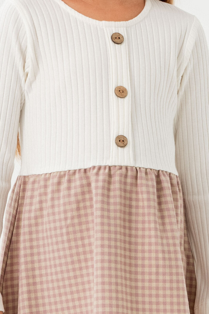 Kız Bebek Gül Kurusu Ekose Düğme Detaylı 1-5 Yaş Elbise - 3706-1