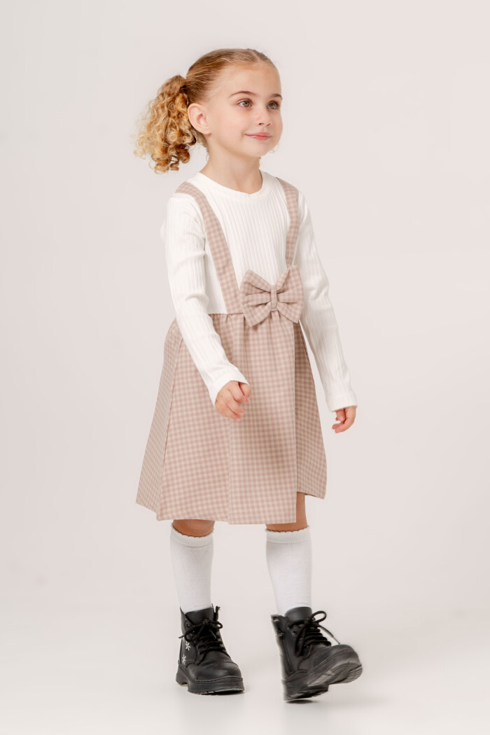 Kız Bebek Gül Kurusu Ekose Kurdele Detaylı 1-5 Yaş Badili Elbise 3707-2