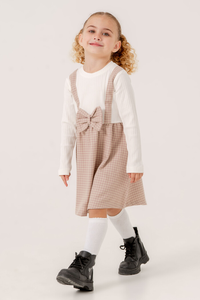 Kız Bebek Gül Kurusu Ekose Kurdele Detaylı 1-5 Yaş Badili Elbise 3707-2