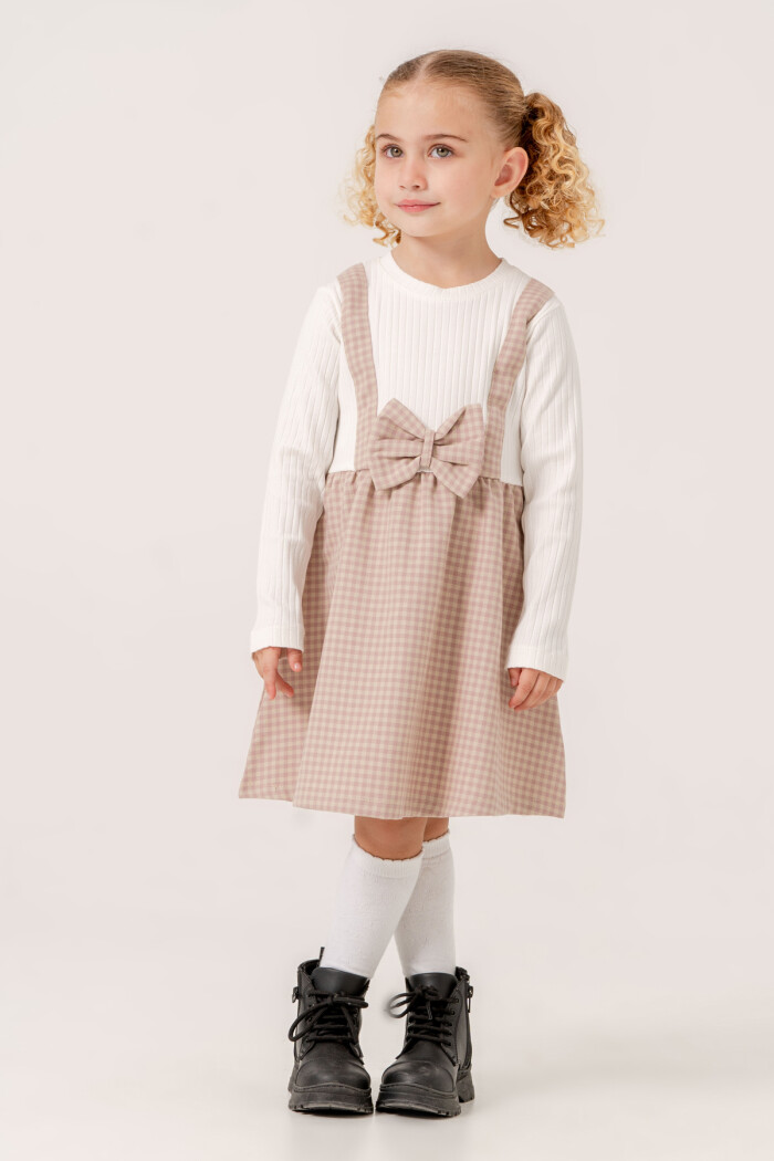 Kız Bebek Gül Kurusu Ekose Kurdele Detaylı 1-5 Yaş Badili Elbise 3707-2