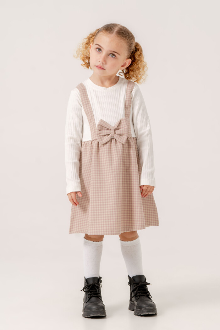 Kız Bebek Gül Kurusu Ekose Kurdele Detaylı 1-5 Yaş Badili Elbise 3707-2