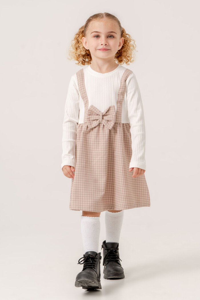 Kız Bebek Gül Kurusu Ekose Kurdele Detaylı 1-5 Yaş Badili Elbise 3707-2