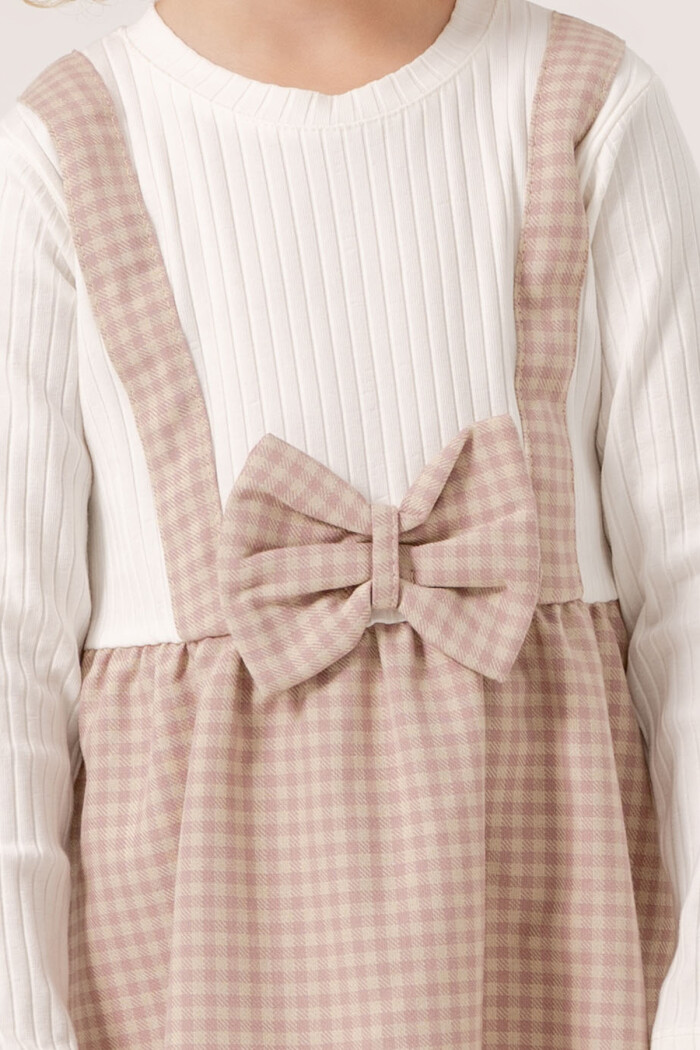 Kız Bebek Gül Kurusu Ekose Kurdele Detaylı 1-5 Yaş Badili Elbise 3707-2