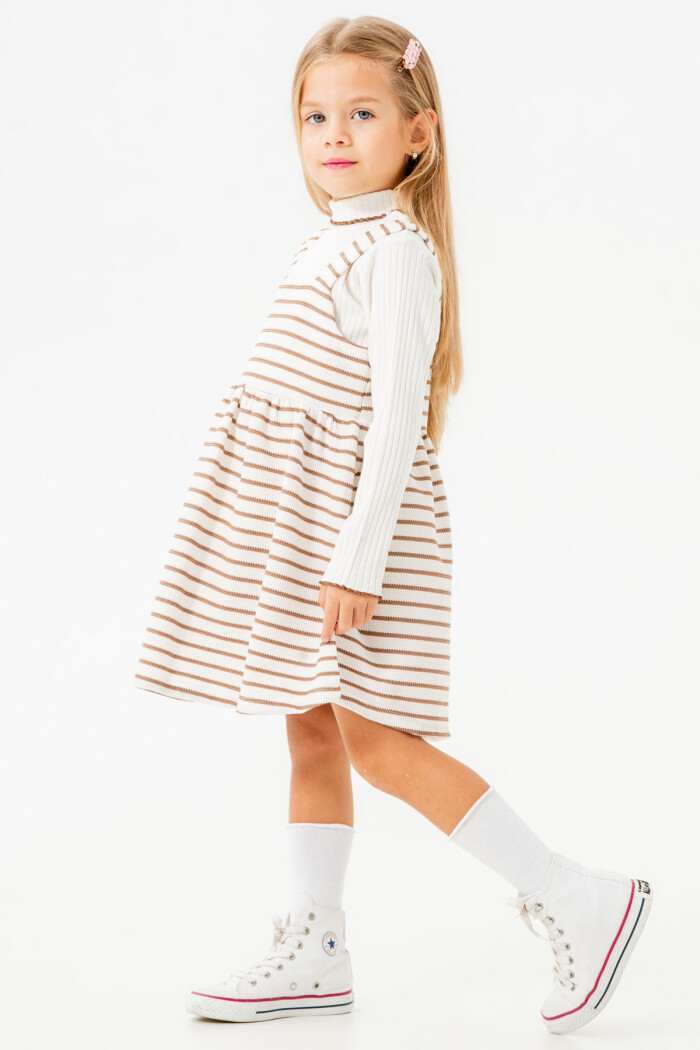 Kız Bebek Kahve Çizgili Yarım Balıkçı Yaka 1-5 Yaş Badili Elbise 3700-1