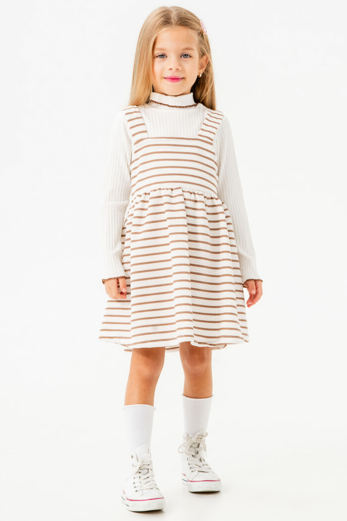 Kız Bebek Kahve Çizgili Yarım Balıkçı Yaka 1-5 Yaş Badili Elbise 3700-1