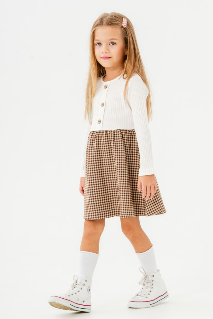 Kız Bebek Kahve Ekose Düğme Detaylı 1-5 Yaş Elbise - 3706-4