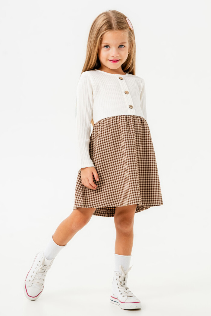 Kız Bebek Kahve Ekose Düğme Detaylı 1-5 Yaş Elbise - 3706-4