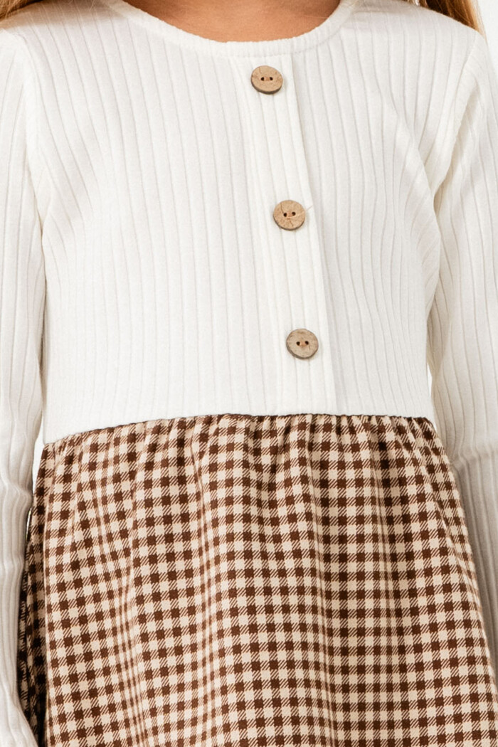 Kız Bebek Kahve Ekose Düğme Detaylı 1-5 Yaş Elbise - 3706-4