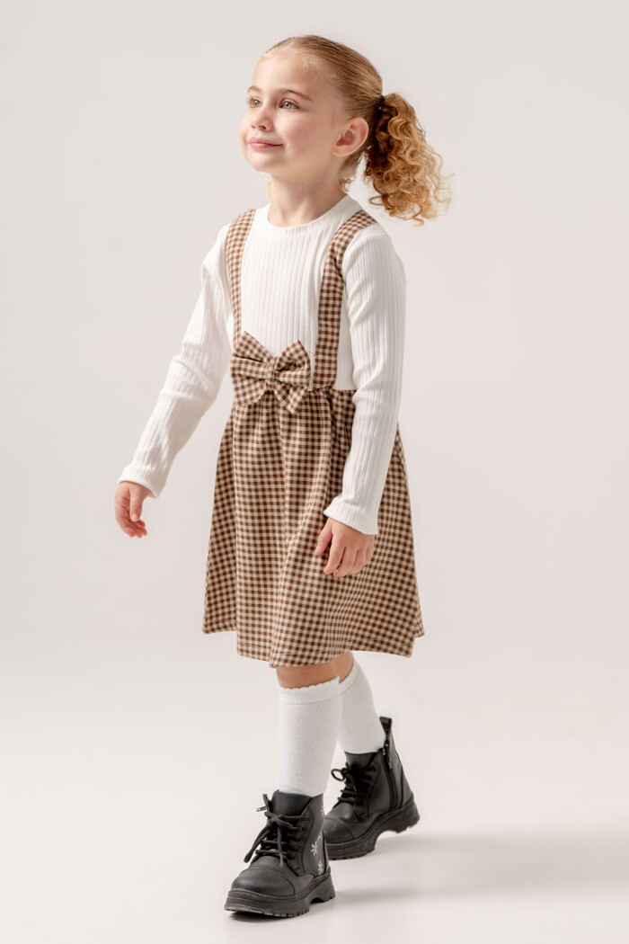 Kız Bebek Kahve Ekose Kurdele Detaylı 1-5 Yaş Badili Elbise 3707-3