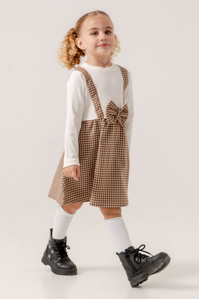 Kız Bebek Kahve Ekose Kurdele Detaylı 1-5 Yaş Badili Elbise 3707-3