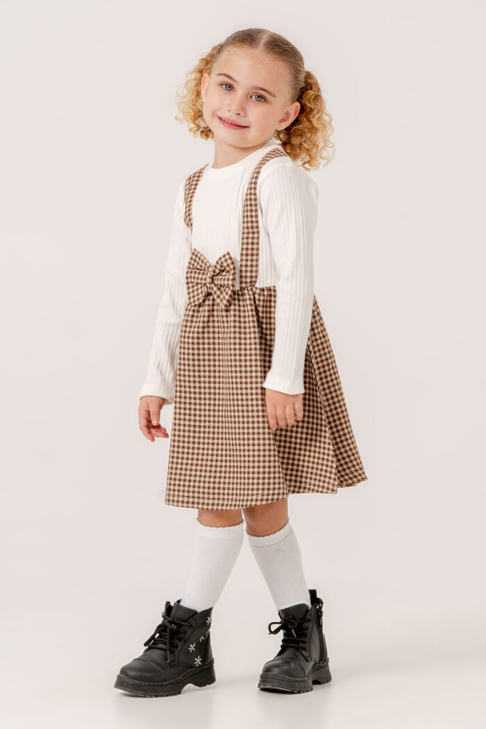 Kız Bebek Kahve Ekose Kurdele Detaylı 1-5 Yaş Badili Elbise 3707-3
