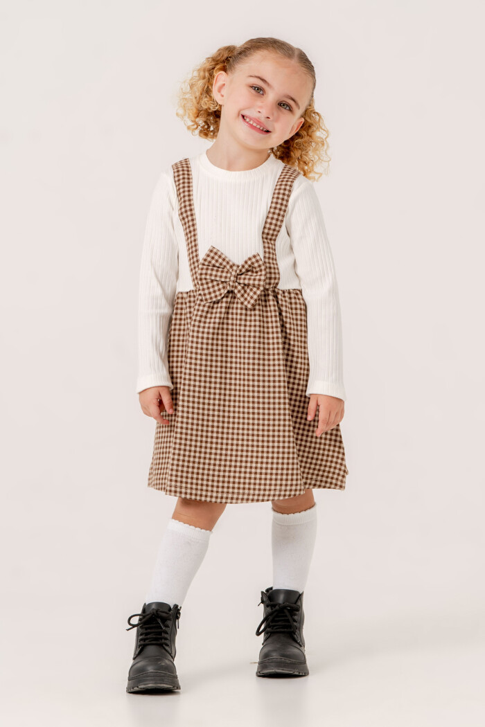 Kız Bebek Kahve Ekose Kurdele Detaylı 1-5 Yaş Badili Elbise 3707-3