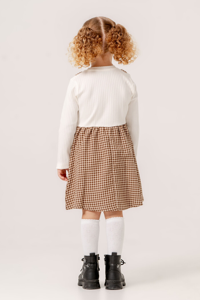 Kız Bebek Kahve Ekose Kurdele Detaylı 1-5 Yaş Badili Elbise 3707-3