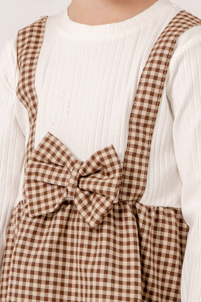 Kız Bebek Kahve Ekose Kurdele Detaylı 1-5 Yaş Badili Elbise 3707-3