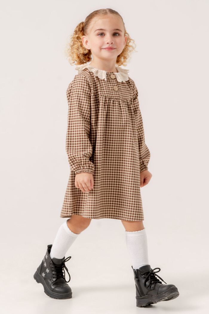 Kız Bebek Kahve Ekose Yaka Detaylı 1-5 Yaş Elbise 3705-1