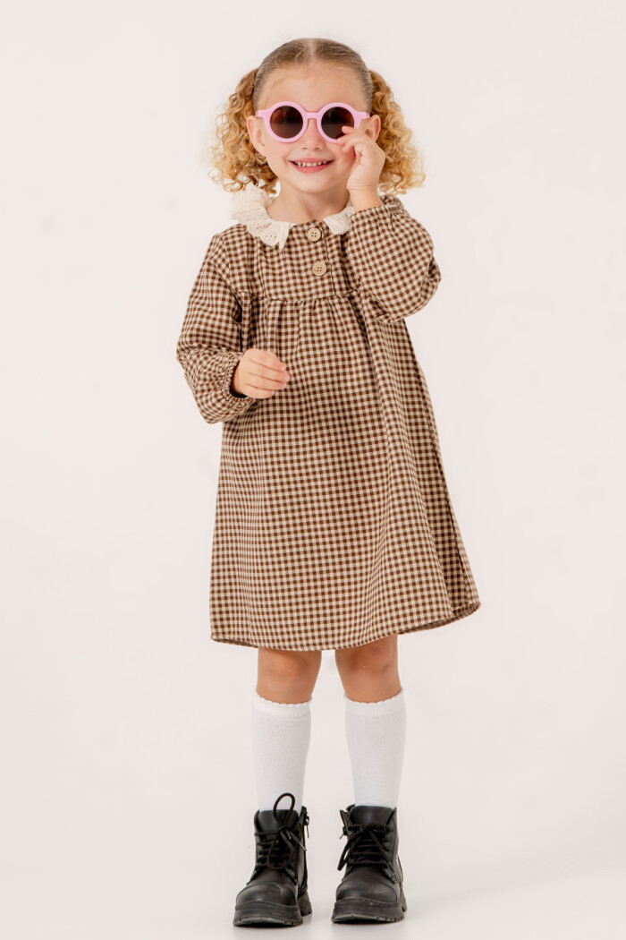 Kız Bebek Kahve Ekose Yaka Detaylı 1-5 Yaş Elbise 3705-1
