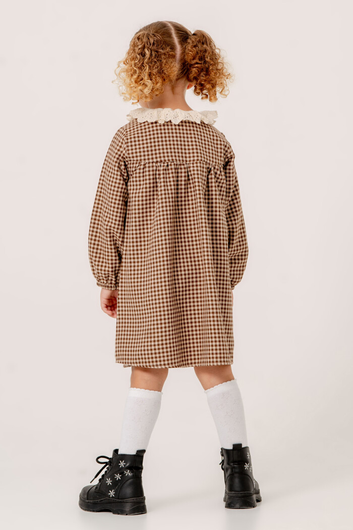 Kız Bebek Kahve Ekose Yaka Detaylı 1-5 Yaş Elbise 3705-1