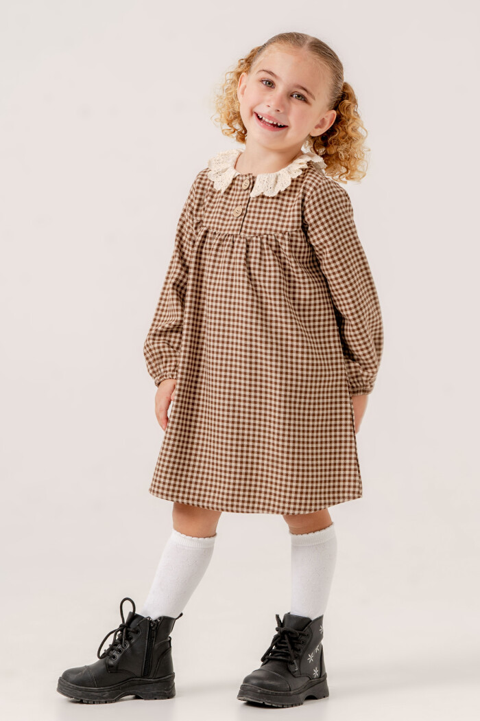 Kız Bebek Kahve Ekose Yaka Detaylı 1-5 Yaş Elbise 3705-1