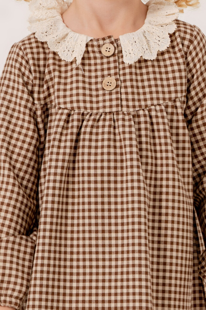 Kız Bebek Kahve Ekose Yaka Detaylı 1-5 Yaş Elbise 3705-1