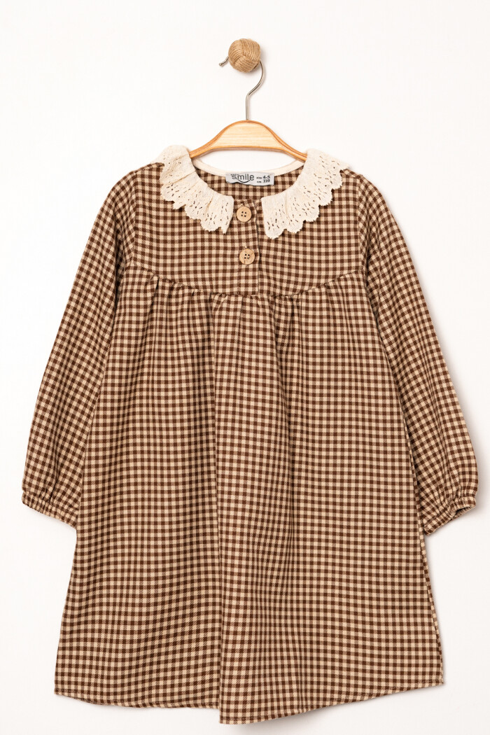 Kız Bebek Kahve Ekose Yaka Detaylı 1-5 Yaş Elbise 3705-1