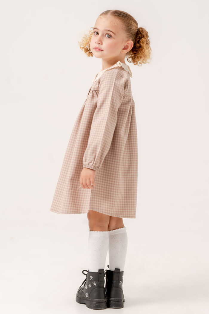 Kız Bebek Gül Kurusu Ekose Yaka Detaylı 1-5 Yaş Elbise 3705-2