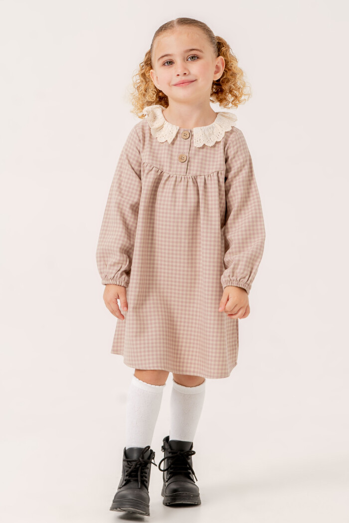 Kız Bebek Gül Kurusu Ekose Yaka Detaylı 1-5 Yaş Elbise 3705-2