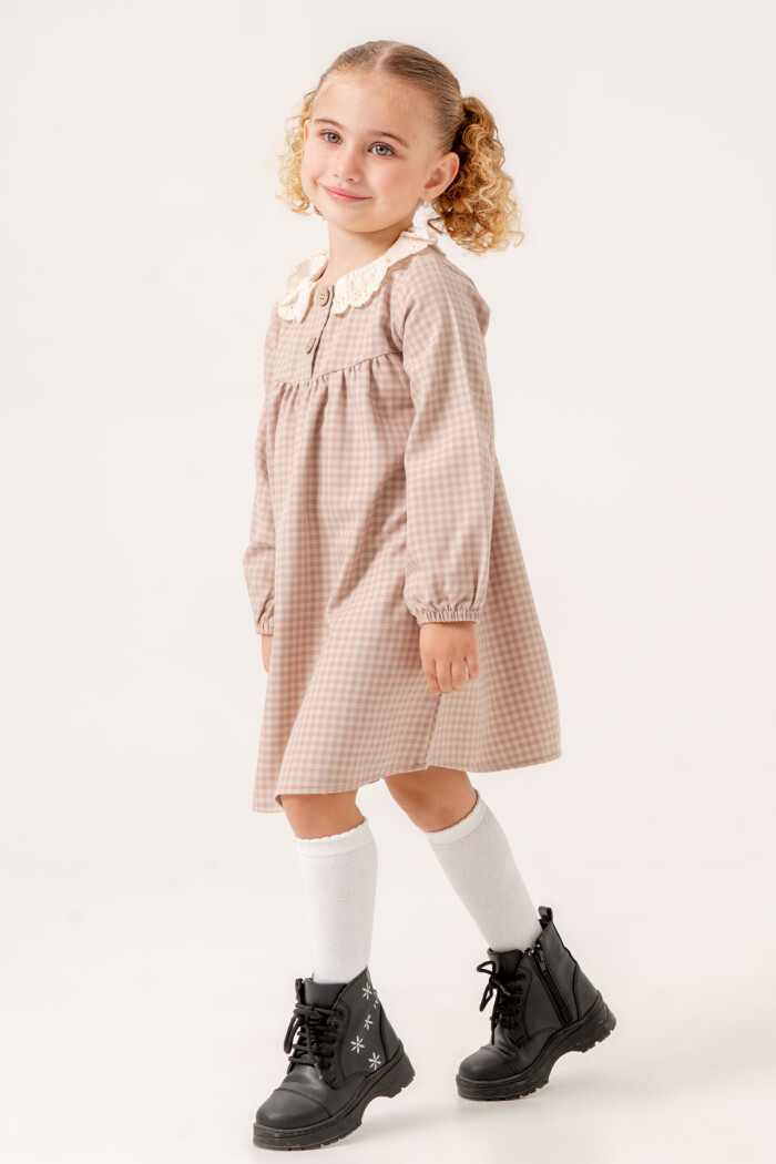 Kız Bebek Gül Kurusu Ekose Yaka Detaylı 1-5 Yaş Elbise 3705-2