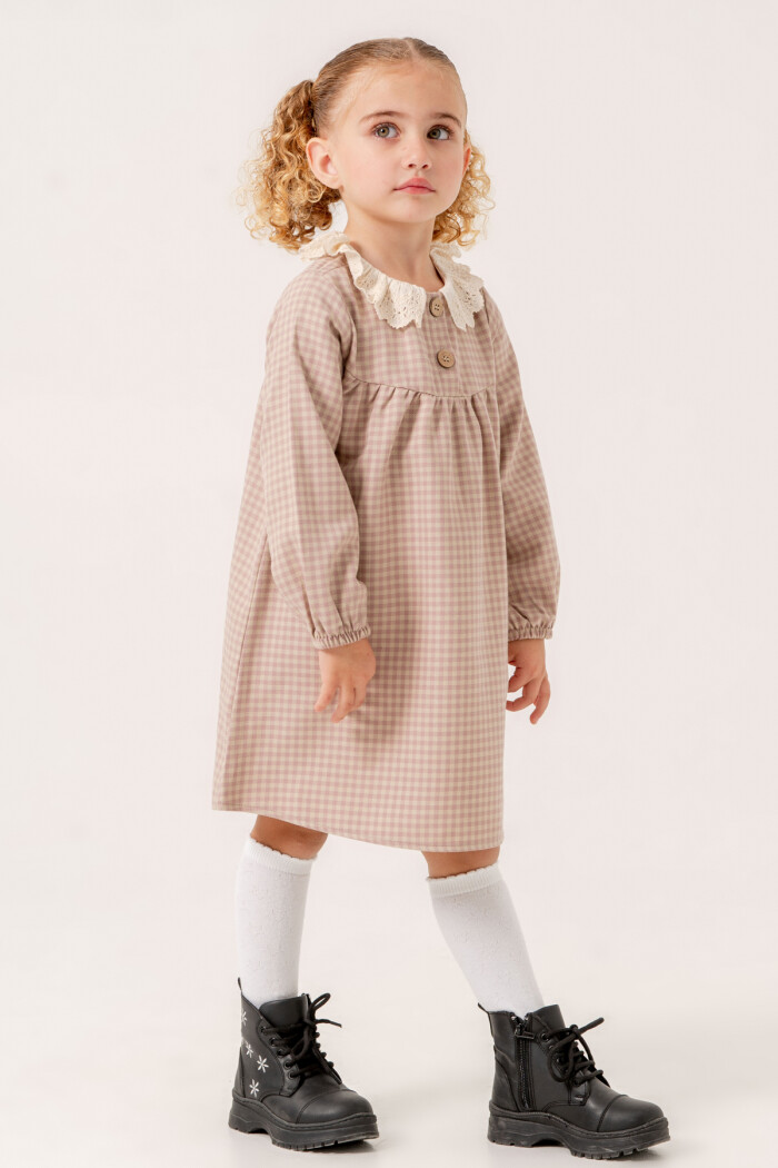 Kız Bebek Gül Kurusu Ekose Yaka Detaylı 1-5 Yaş Elbise 3705-2