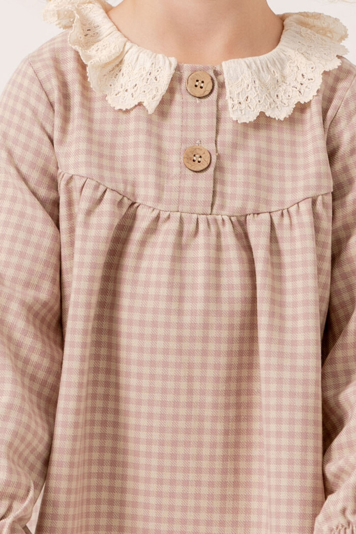 Kız Bebek Gül Kurusu Ekose Yaka Detaylı 1-5 Yaş Elbise 3705-2