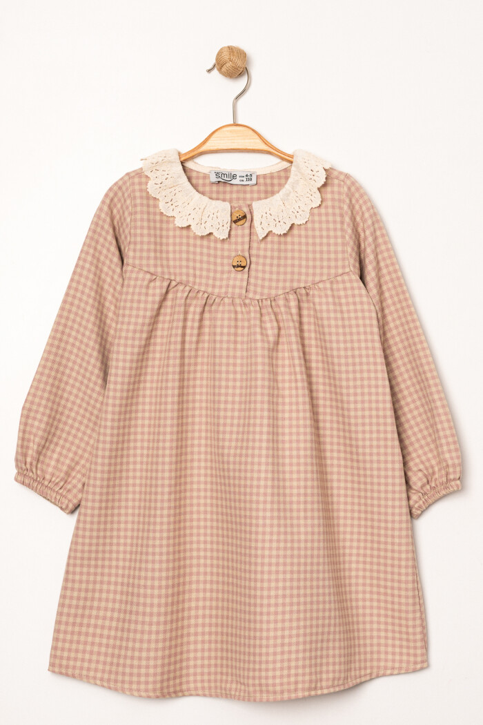 Kız Bebek Gül Kurusu Ekose Yaka Detaylı 1-5 Yaş Elbise 3705-2