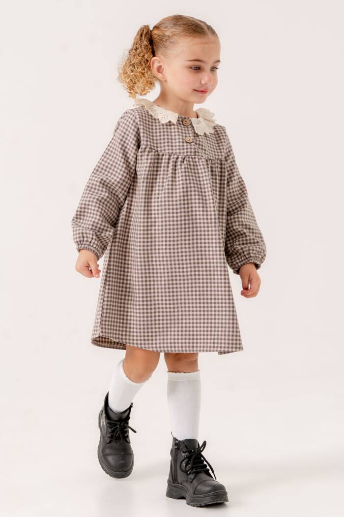 Kız Bebek Mor Ekose Yaka Detaylı 1-5 Yaş Elbise 3705-4