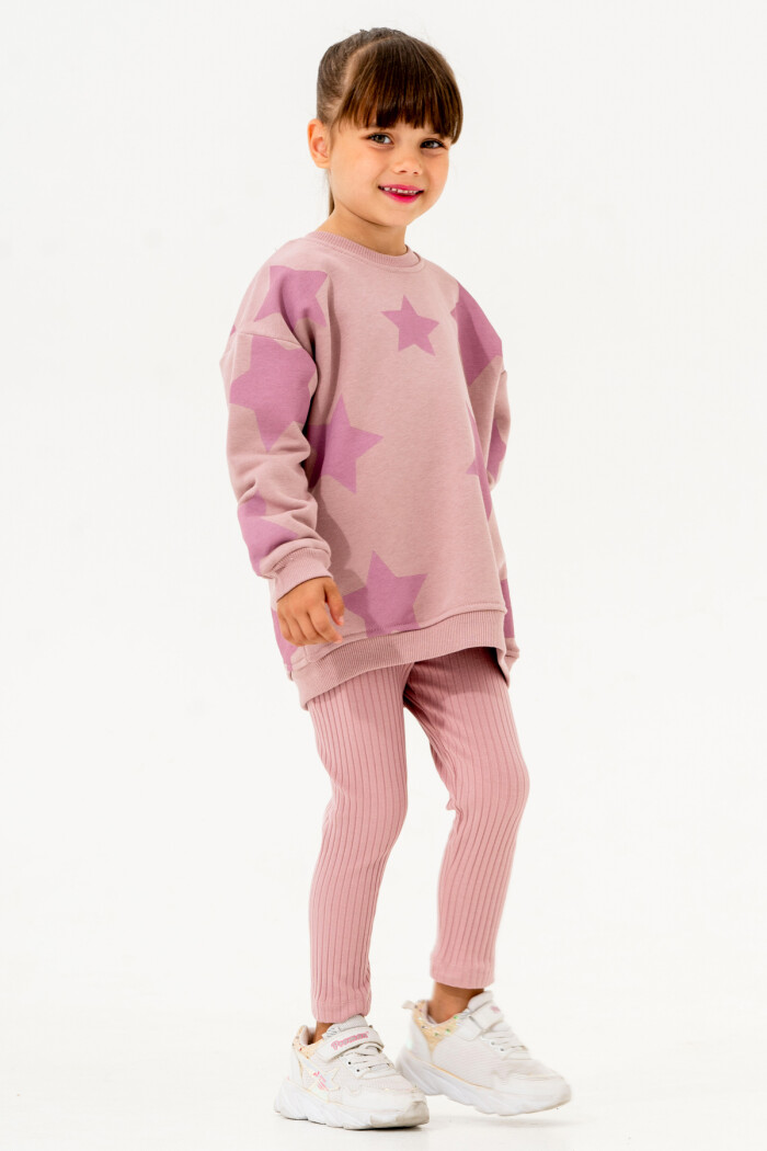 Kız Bebek Pudra Yıldız Desen Uzun Tunikli Taytlı 1-5 Yaş Takım - 3588-2