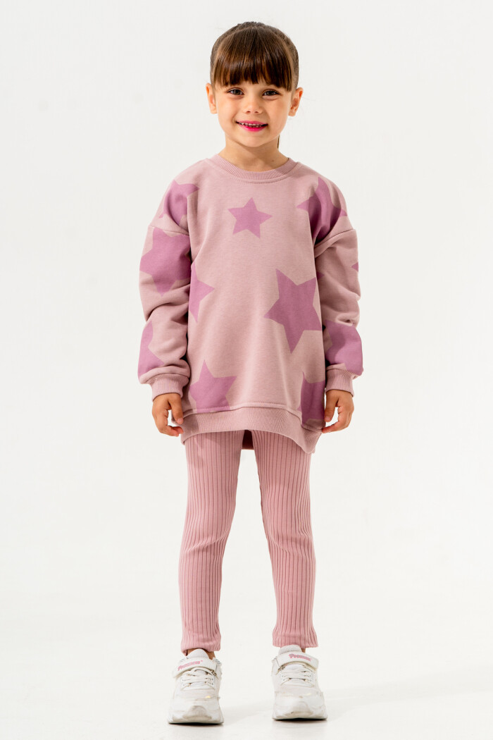 Kız Bebek Pudra Yıldız Desen Uzun Tunikli Taytlı 1-5 Yaş Takım - 3588-2