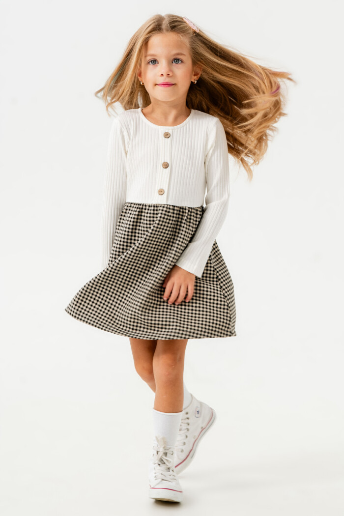 Kız Bebek Siyah Ekose Düğme Detaylı 1-5 Yaş Elbise - 3706-3