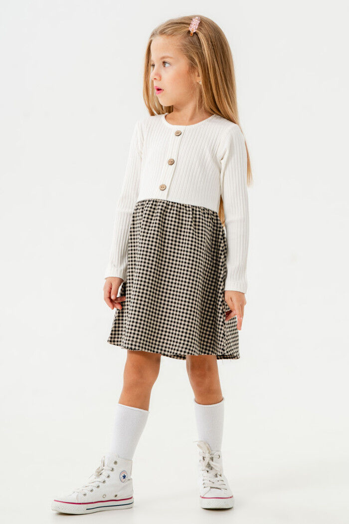 Kız Bebek Siyah Ekose Düğme Detaylı 1-5 Yaş Elbise - 3706-3