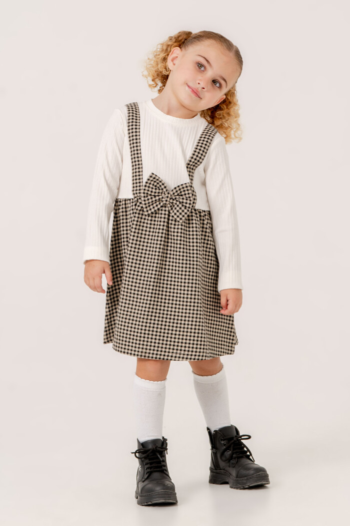 Kız Bebek Siyah Ekose Kurdele Detaylı 1-5 Yaş Badili Elbise 3707-1