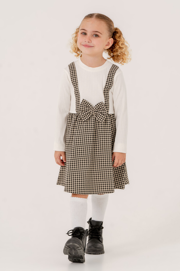 Kız Bebek Siyah Ekose Kurdele Detaylı 1-5 Yaş Badili Elbise 3707-1