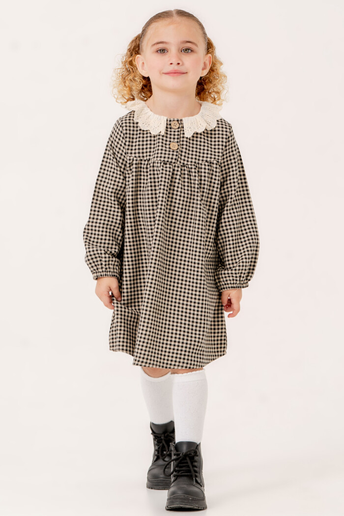 Kız Bebek Siyah Ekose Yaka Detaylı 1-5 Yaş Elbise 3705-3