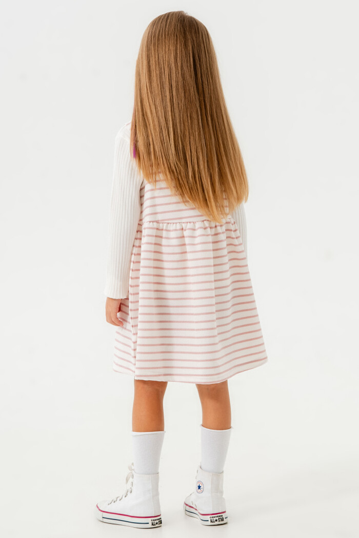 Kız Pudra Çizgili Yarım Balıkçı Yaka 1-5 Yaş Badili Elbise 3700-4