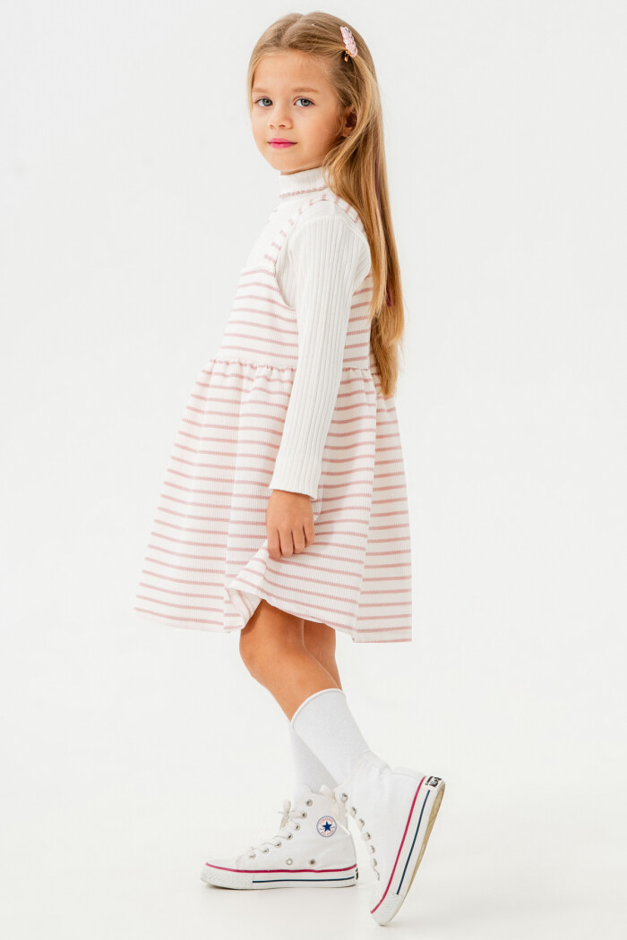Kız Pudra Çizgili Yarım Balıkçı Yaka 1-5 Yaş Badili Elbise 3700-4