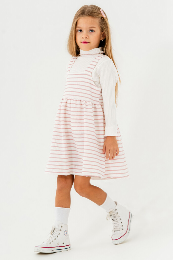 Kız Pudra Çizgili Yarım Balıkçı Yaka 1-5 Yaş Badili Elbise 3700-4