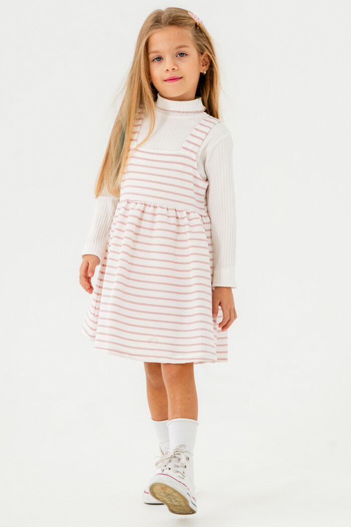 Kız Pudra Çizgili Yarım Balıkçı Yaka 1-5 Yaş Badili Elbise 3700-4