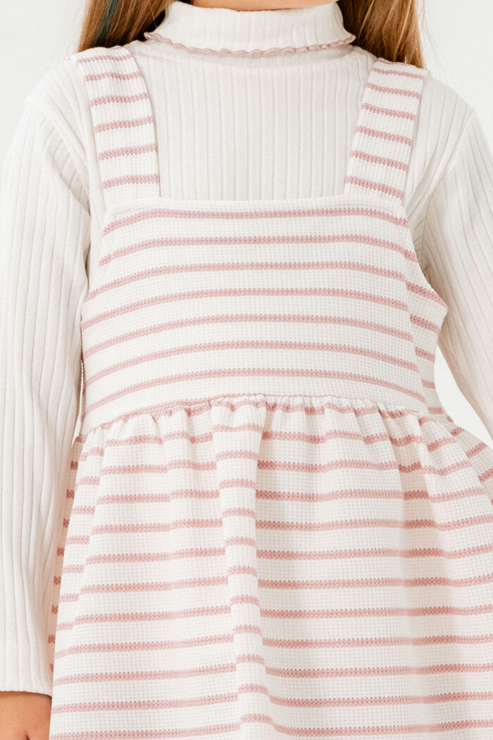 Kız Pudra Çizgili Yarım Balıkçı Yaka 1-5 Yaş Badili Elbise 3700-4