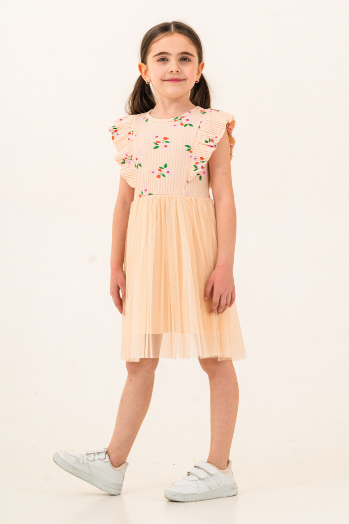 Kız Çocuk 2-7 Yaş Çiçek Desenli Tüllü Elbise Bej 009-3