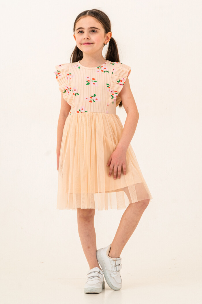 Kız Çocuk 2-7 Yaş Çiçek Desenli Tüllü Elbise Bej 009-3
